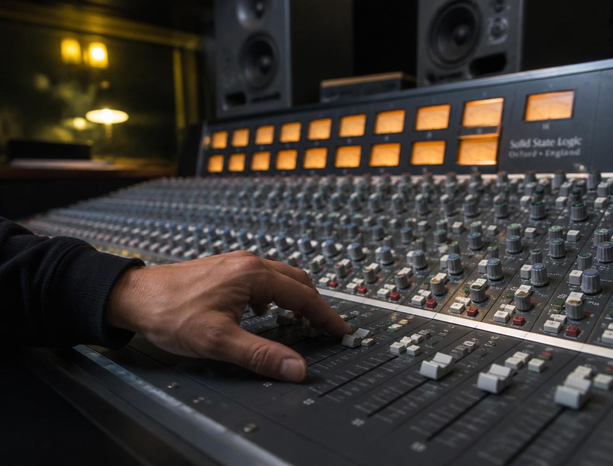 Engineer's hand riding faders on an SSL analog mixing console with Neumann monitors in the background.