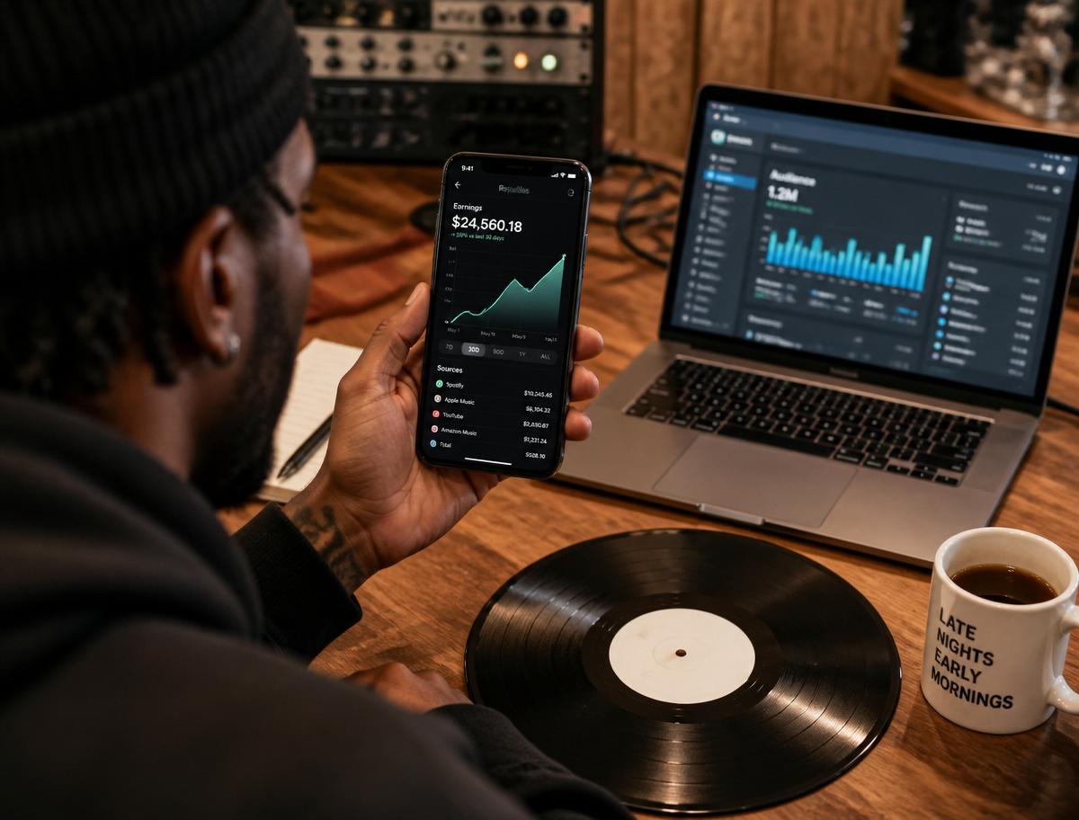 Artist reviewing a laptop dashboard next to a vinyl record in a home studio.